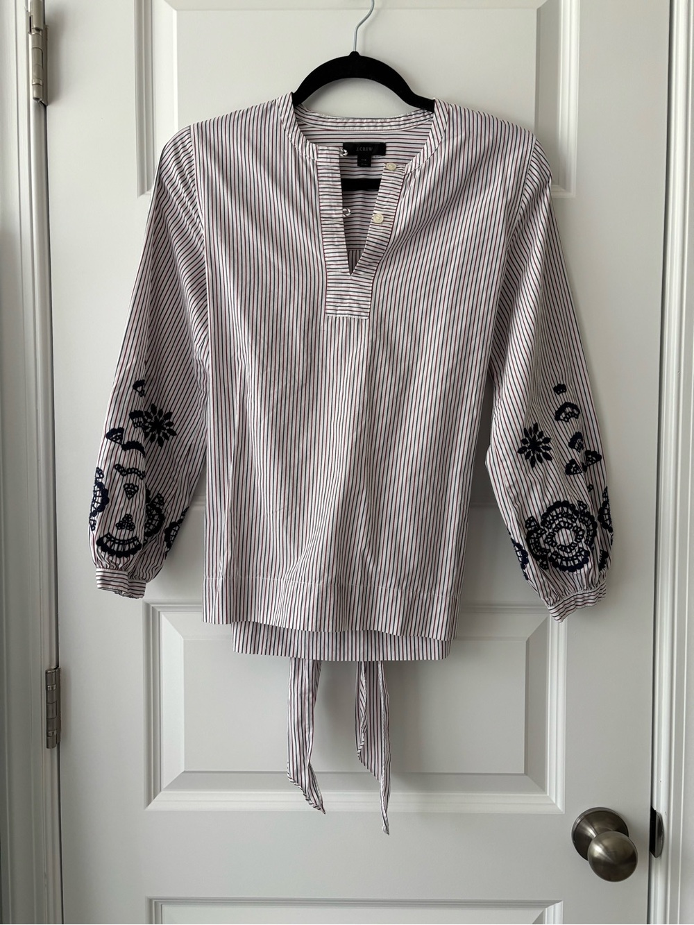 J.Crew Navy Red Striped Embroidered Sleeve Tie Back Bow Blouse Top Size XXS